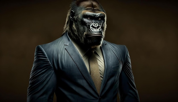 Zdjęcie wygenerowana przez sztuczną inteligencję ilustracja małpy w ciele mężczyzny ubranego w garnitur i krawat.