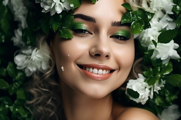 Wygenerowana przez sztuczną inteligencję ilustracja młodej kobiety z białą koroną kwiatową i szmaragdowo-zielonym cieniem na oczy z radosnym uśmiechem