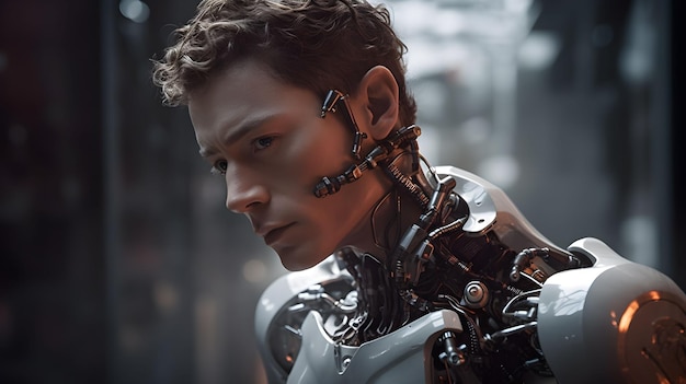 Wygenerowana przez sztuczną inteligencję ilustracja postaci robota z metalową zewnętrznością noszącej słuchawki