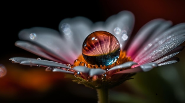 Wygenerowana przez sztuczną inteligencję ilustracja przedstawiająca kroplę wody na jednym kwiatku stokrotki w ogrodzie