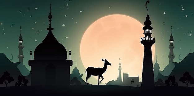 Wygenerowana przez sztuczną inteligencję ilustracja przedstawiająca tło Ramadan Kareem z meczetowymi owcami i księżycem