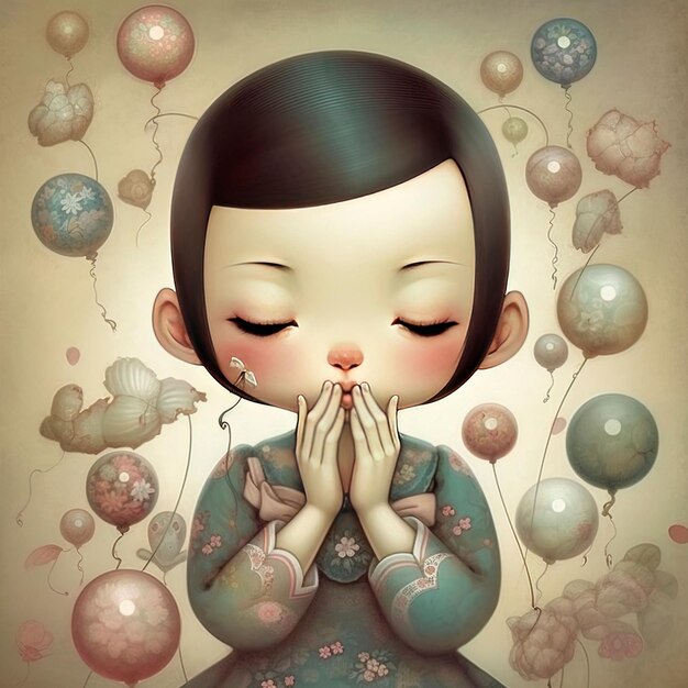 Zdjęcie wygenerowana przez sztuczną inteligencję ilustracja uroczej dziewczyny z zamkniętymi oczami na tle balonów