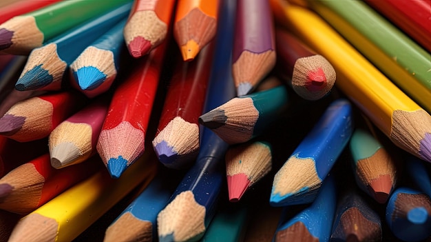 Wygenerowana przez sztuczną inteligencję ilustracja żywej tablicy kolorowych ołówków ułożonych na drewnianym stole