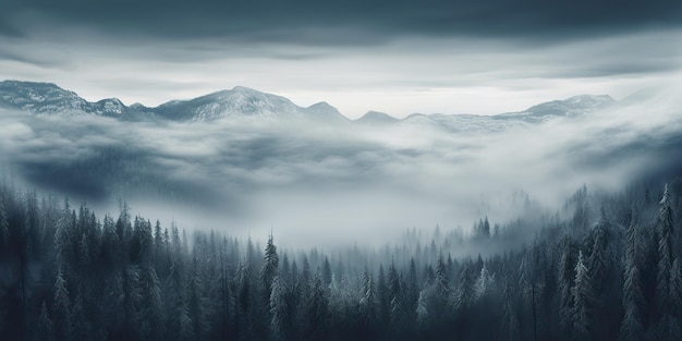 Wygenerowana przez sztuczną inteligencję mgła generacyjna AI magiczne zaśnieżone pasmo górskie z leśną mgłą rano