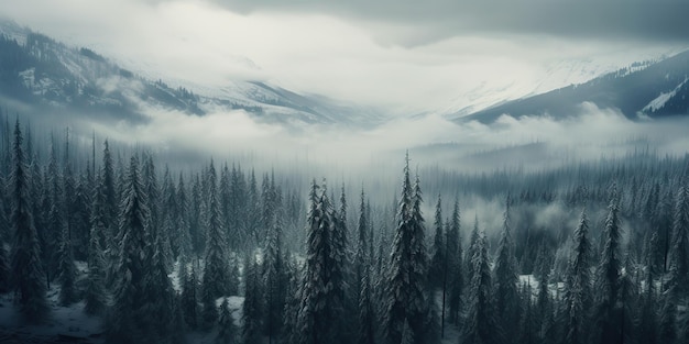 Wygenerowana przez sztuczną inteligencję mgła generacyjna AI magiczne zaśnieżone pasmo górskie z leśną mgłą rano