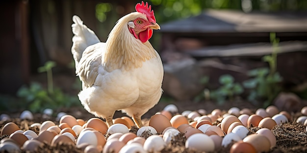 Wygenerowana przez sztuczną inteligencję sztuczna inteligencja Organiczny ekologiczny kogut z kurczaka i jajko na wiejskiej farmie