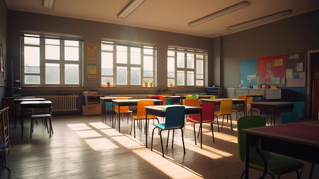 Wygenerowana pusta, kolorowa, pozytywna sztuczna inteligencja w klasie szkolnej