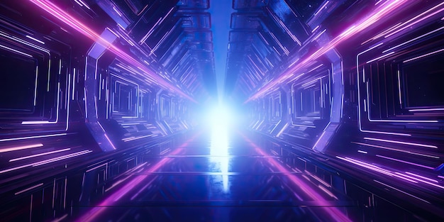 Wygenerowana sztuczna inteligencja AI Generatywna Futurystyczna abstrakcyjna przestrzeń neonowa świecąca promienia światła tunel Kosmiczne science fiction