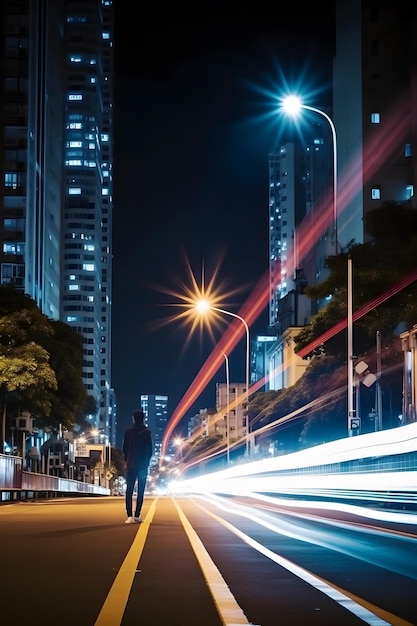 Wygenerowana sztuczna inteligencja fotografia poklatkowa świateł pojazdu i mężczyzny w nocy w mieście