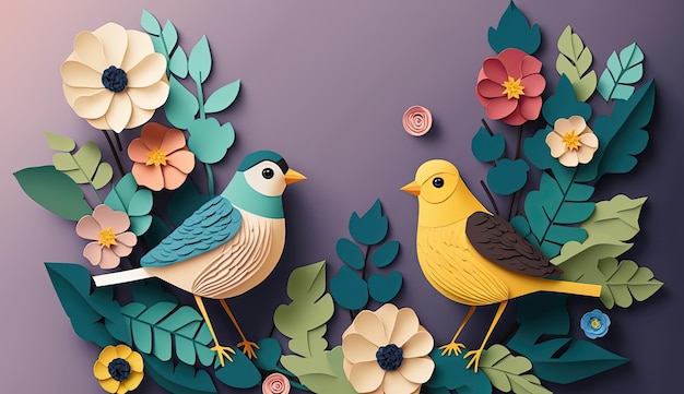 Wygenerowane ai dwa słodkie ptaki wycinane z papieru 3D