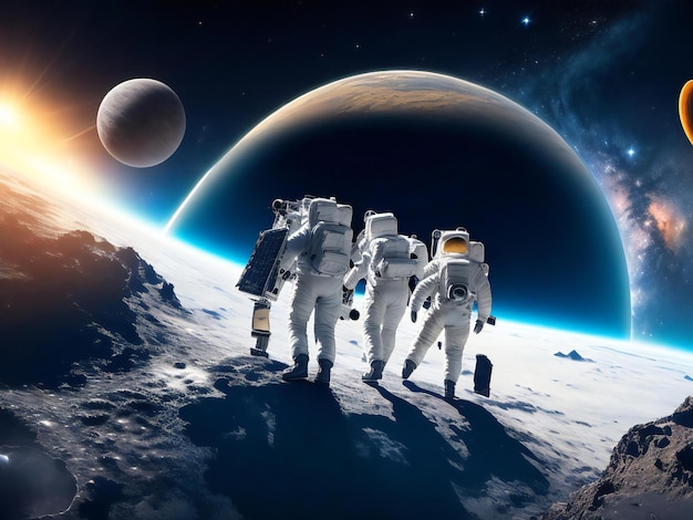 Wygenerowane grupy astronomów i astronautów badających planety w przestrzeni kosmicznej