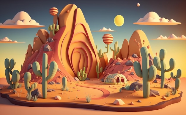 Wygenerowane ilustracje tła kreskówki pustyni dla dzieci w stylu kreskówki ai