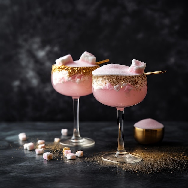 Wygenerowane zdjęcie dwóch różowych koktajli ze złotym brokatem i pianką marshmallow na górze