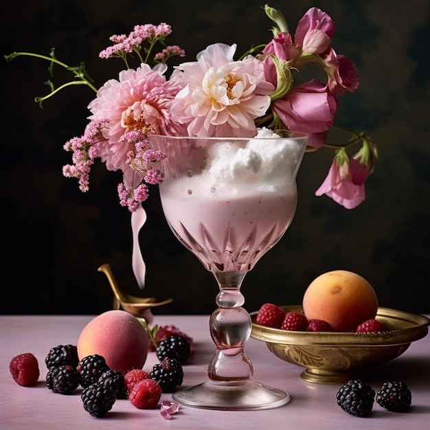 Wygenerowane zdjęcie szklanki lodów z różowymi kwiatami i kilkoma innymi owocami