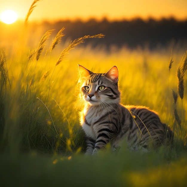 Wygenerowane zdjęcie uroczego kota natury nieudomowionego niesamowitego kota w trawiastej sawannie o zachodzie słońca