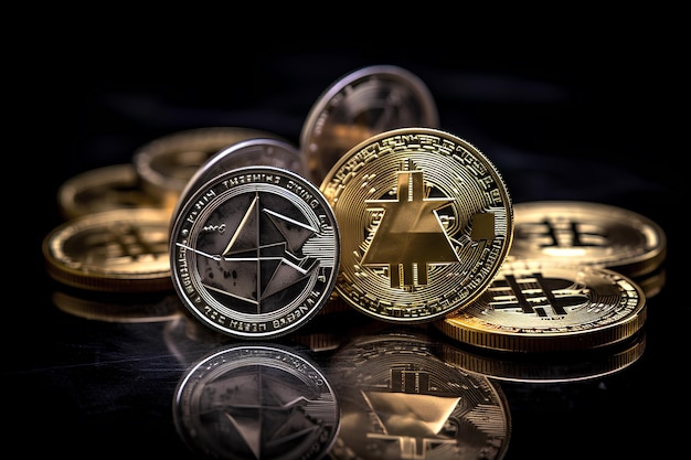 Wygenerowano ai koncepcję wydobycia kryptowaluty bitcoin złotą monetę Crypro