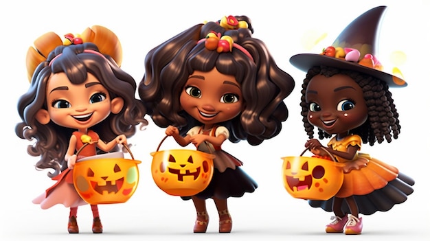 Wygenerowano AI z kreskówkowymi małymi dziewczynkami, czarownicami na Halloween z wiadrami ze słodyczami