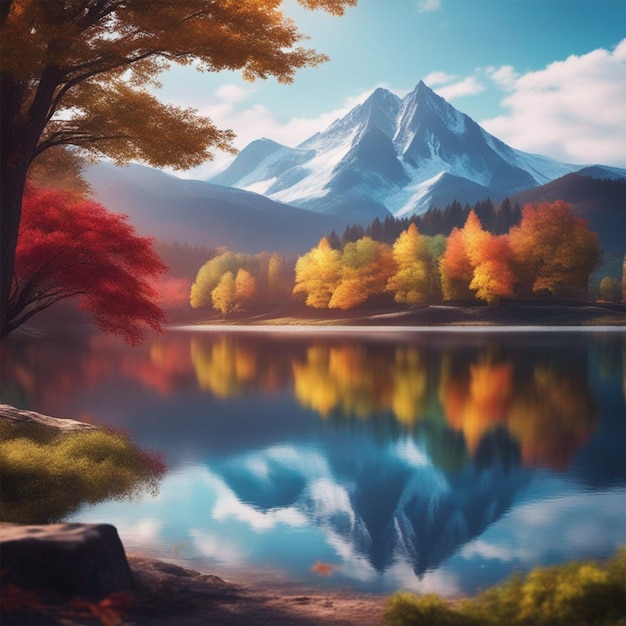Wygenerowano cyfrowy obraz góry z kolorowym drzewem na pierwszym planie