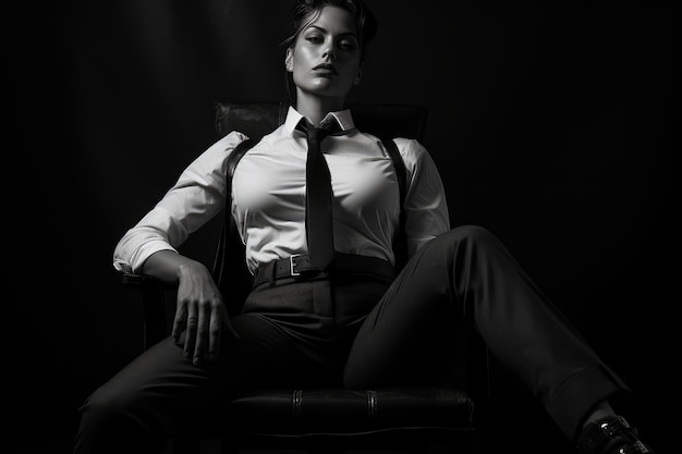 wygenerowano czarno-białe zdjęcie bizneswoman siedzącej na podłodze
