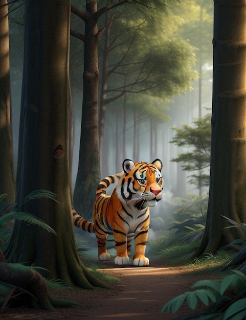 Wygenerowano dziki tygrys wędrujący po bujnym lesie