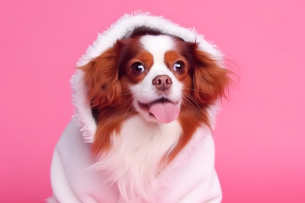 Zdjęcie wygenerowano efektownego modnego psa w różowej szacie sieci neuronowej