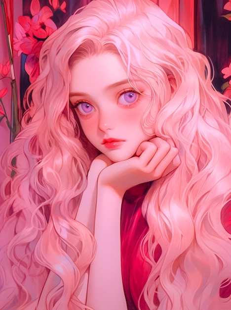 Wygenerowano fantastyczny i uroczy motyw dziewczyny z marzycielskimi włosami i różowym kolorem AI
