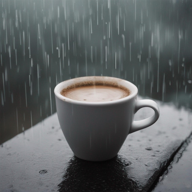 Wygenerowano filiżankę kawy w deszczu