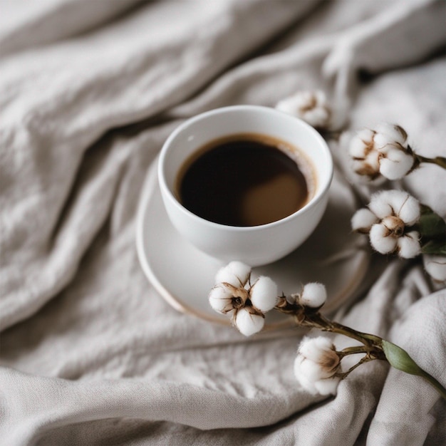 Wygenerowano filiżankę kawy w łóżku z bawełnianymi kwiatami