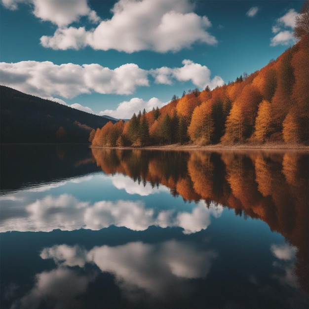 Wygenerowano górskie jezioro jesienią z odbiciem nieba