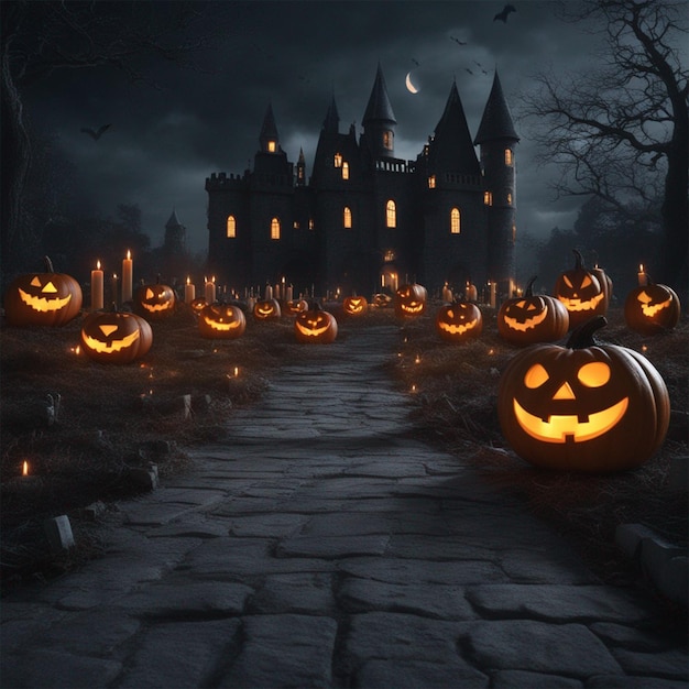 Wygenerowano Halloween z strasznymi dyniami w nocy na tle zamku