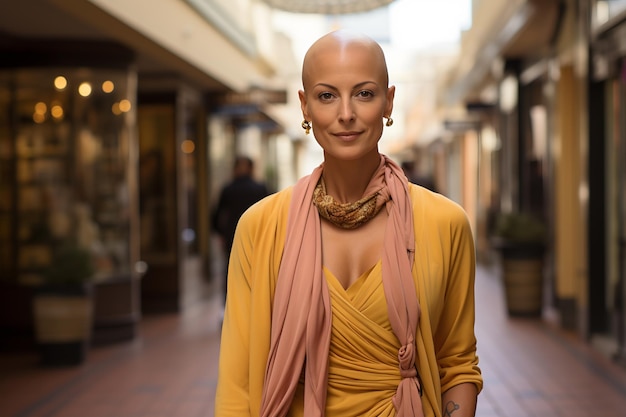 Wygenerowano m.in. piękną kobietę chorą na raka z szalikiem na szyi w centrum handlowym