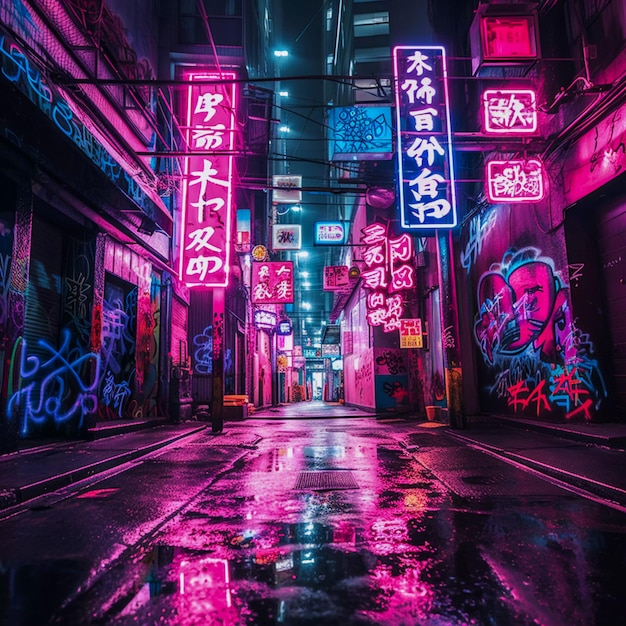 Zdjęcie wygenerowano neony i graffiti kanji w tokio nocne krajobrazy w technologii blacklight ai