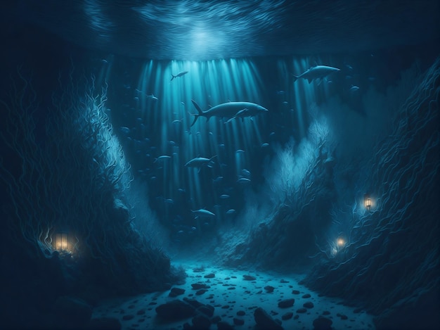 Zdjęcie wygenerowano podwodne miasto nocą
