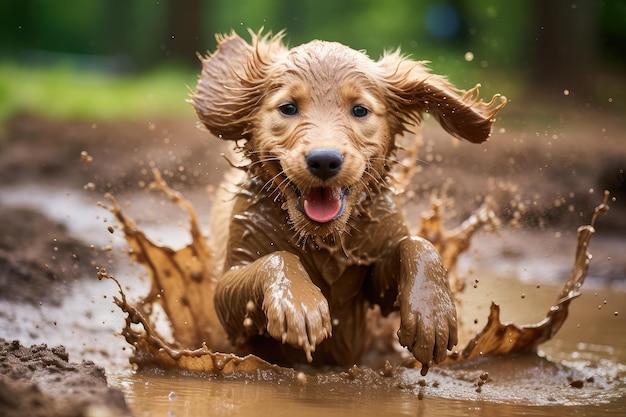 Wygenerowano realistyczny, zabawny mały szczeniak golden retriever radośnie pluskający się w kałuży błota