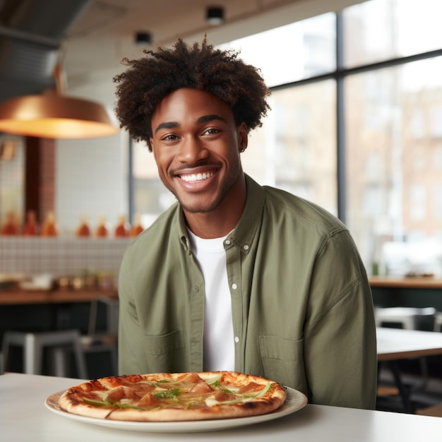 Wygenerowano szczęśliwy wyraz twarzy młodego człowieka i koncepcję pizzy