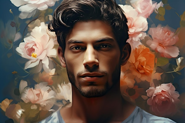 Wygenerowano sztuczną inteligencję portretu kwitnącego mężczyzny. Portret wysokiej jakości realizmu