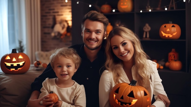 Wygenerowano sztuczną inteligencję szczęśliwej rodziny, matki, ojca i dzieci świętujących imprezę Halloween w domu