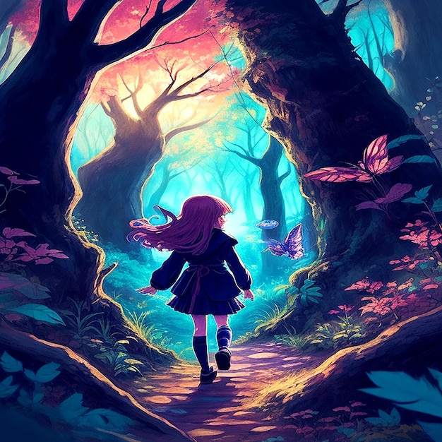 Wygenerowano tętniącą życiem, ręcznie rysowaną scenę anime przedstawiającą młodą dziewczynę w magicznym lesie
