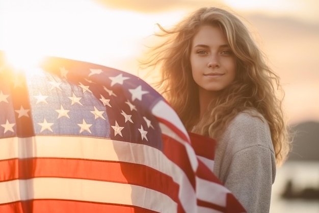 Wygenerowano tło amerykańskiej flagi machającej z piękną kobietą