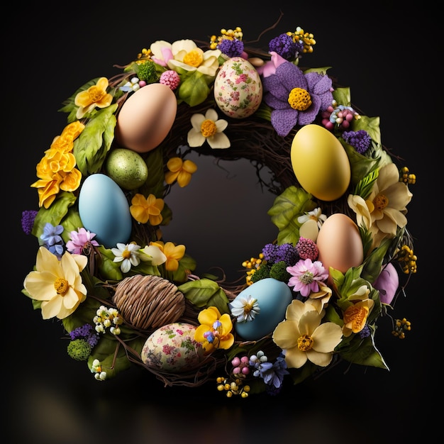 Wygenerowano tradycyjny wieniec wielkanocny ozdobiony świeżymi kwiatami i ręcznie malowanymi jajkami