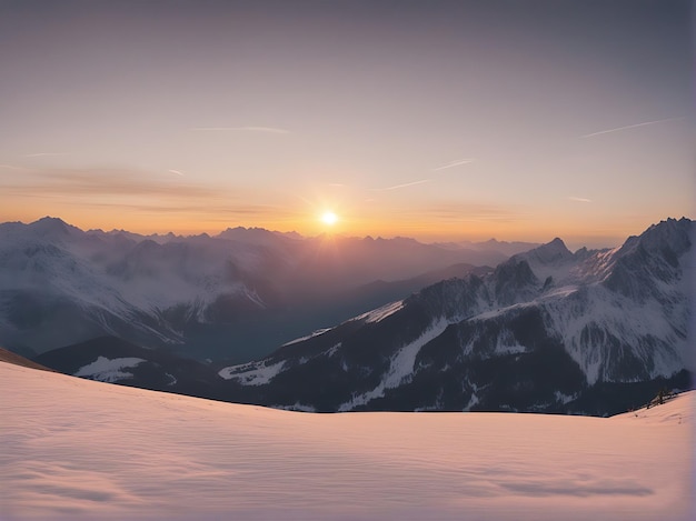 wygenerowano widok na zaśnieżone pasmo górskie o zachodzie słońca