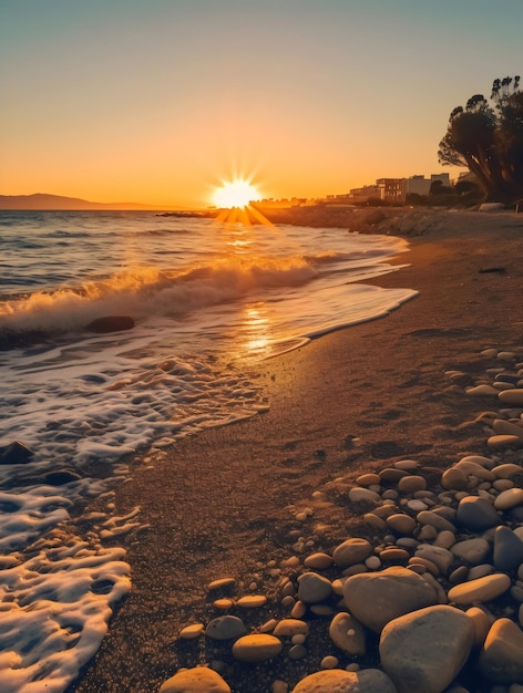 Wygenerowano zdjęcie plaży Costa del Sol o zachodzie słońca