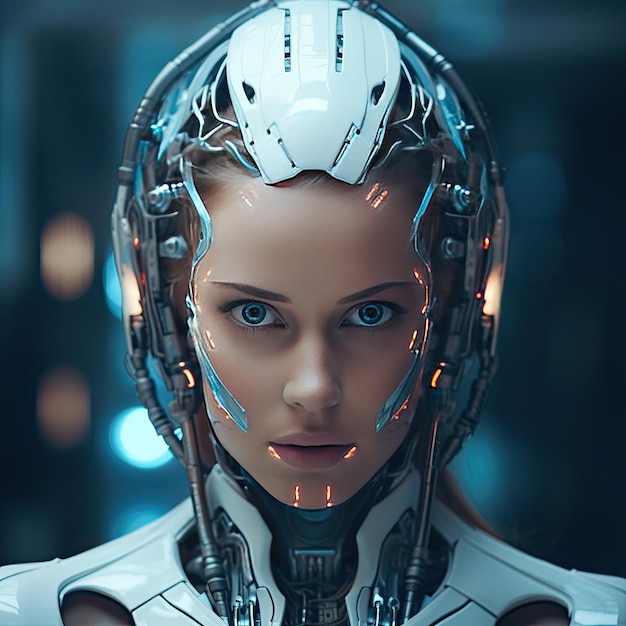 Wygenerowany futurystyczny cyborg portret kobiety w stylu cyberpunk ai