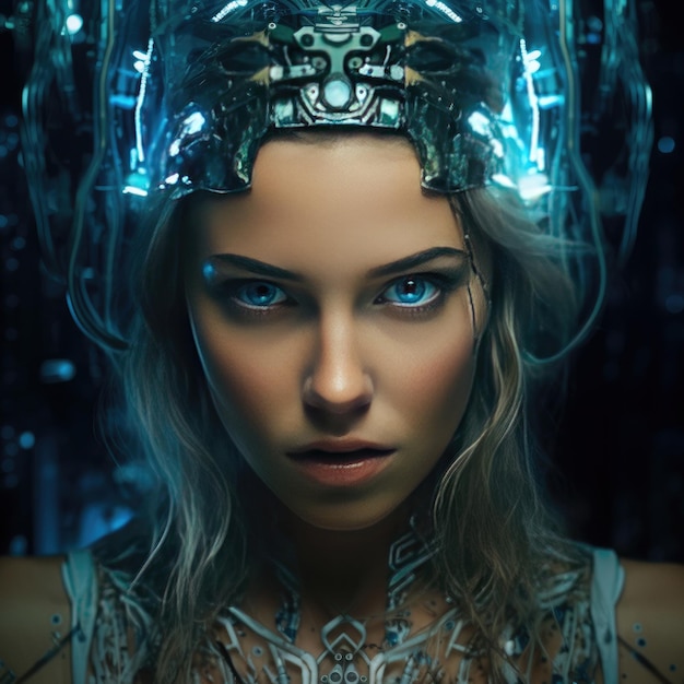 Wygenerowany futurystyczny cyborg portret kobiety w stylu cyberpunk ai