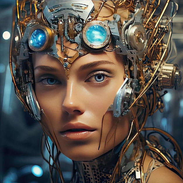 Zdjęcie wygenerowany futurystyczny cyborg portret kobiety w stylu cyberpunk ai