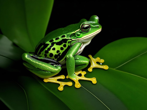Wygenerowany obraz zielonej żaby siedzącej na zielonym liście rośliny tropikalnej na czarnym tle