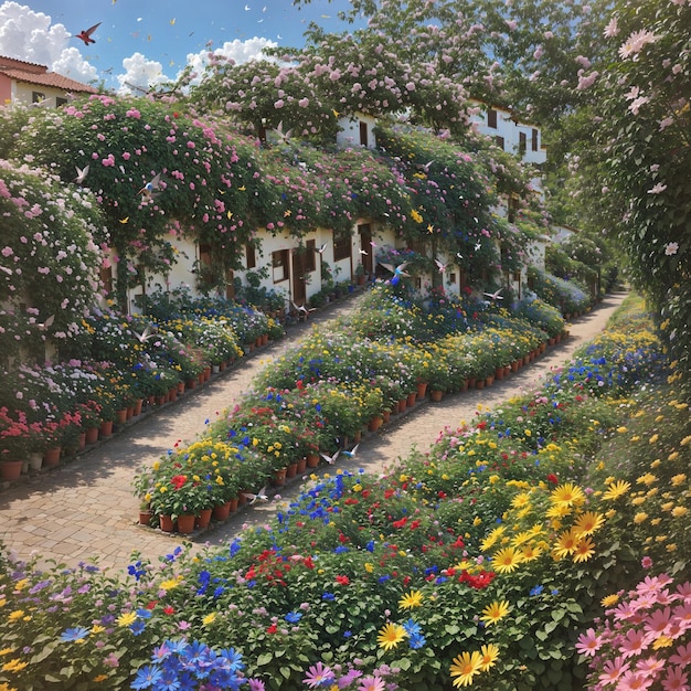 Wygenerowany ogród z kolorowymi kwiatami