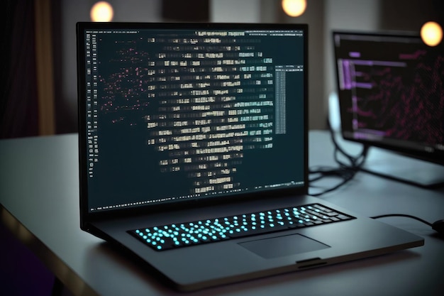 Wygenerowany przez AI laptop hakerski z binarnym kodem komputerowym, internetem i bezpieczeństwem sieci