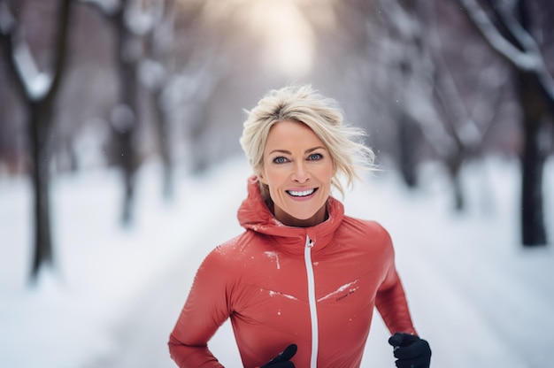 Wygenerowany przez AI obraz dojrzałej starszej kobiety biegającej zimą Zdjęcie wysokiej jakości