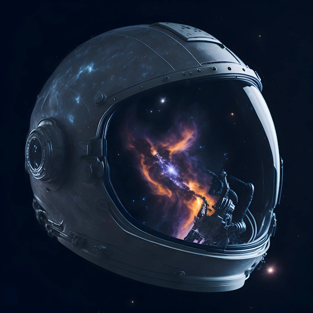 Wygenerowany przez AI obraz hełmu astronauty odbity w rozszerzonym szkle kosmicznym hełmu